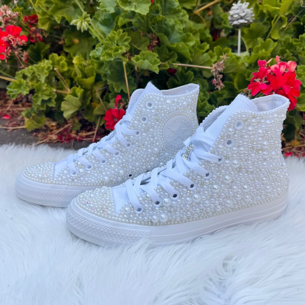 NEW | Converse High Top Faux Pearl and Rhinestone Embellished Sneakers